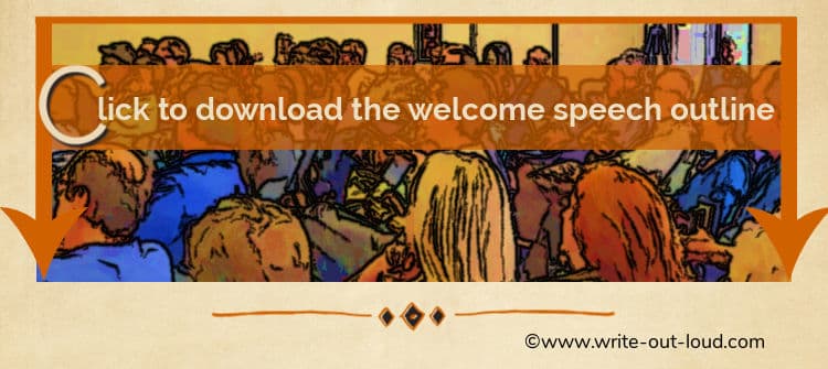Illustration of an audience listening intently with text overlay saying: Click to download a welcome speech outline