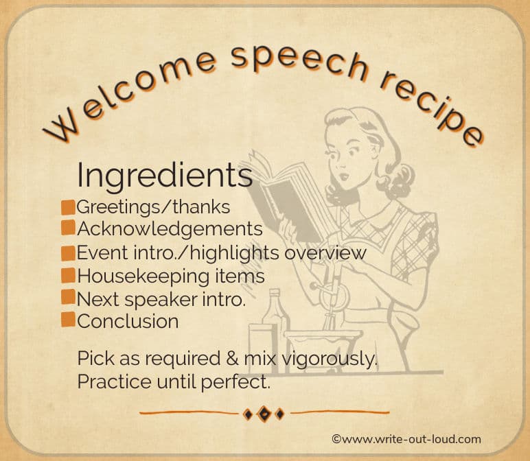 A woman with a cookbook reading a welcome speech recipe. Plus, a list of ingredients.