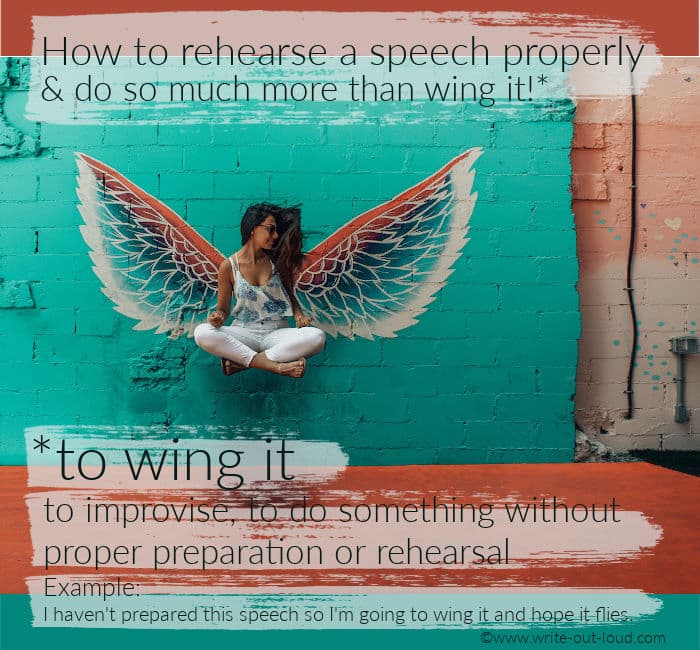 Image: girl wearing angel wings levitating. Text: How to rehearse a speech properly and do so much more than wing it.